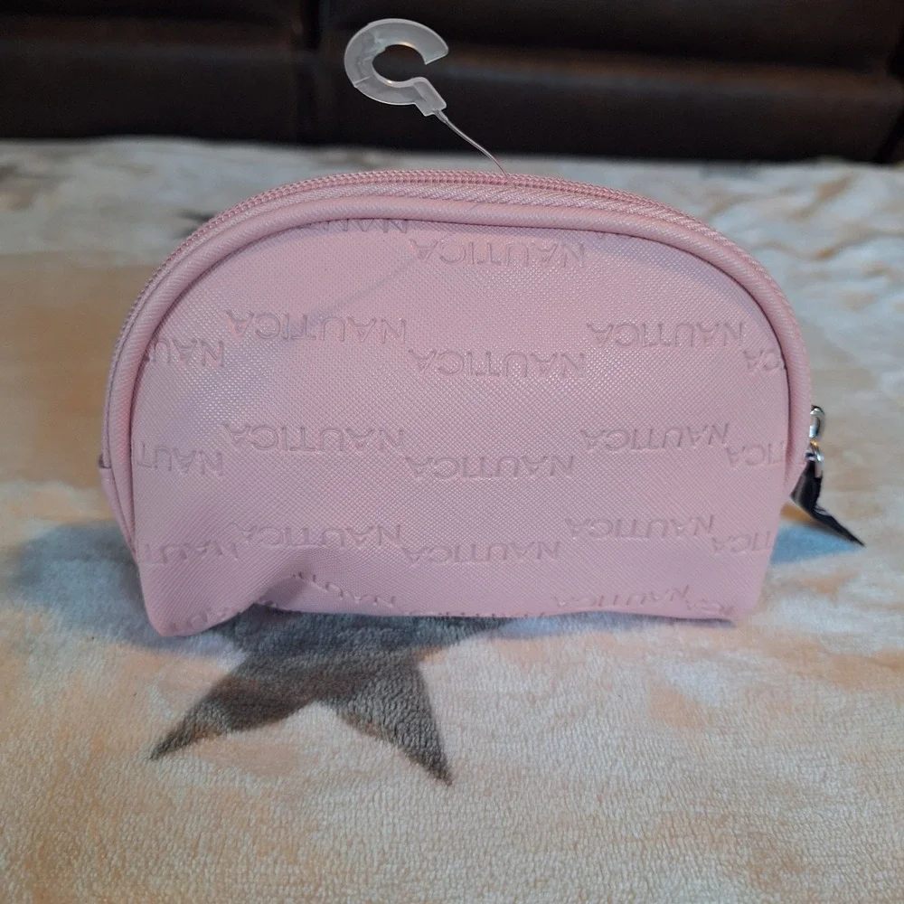 Nautica Cosmetic Bag Zip Pouch Pink Nautica Logo Print Navy Liner Makeup Travel